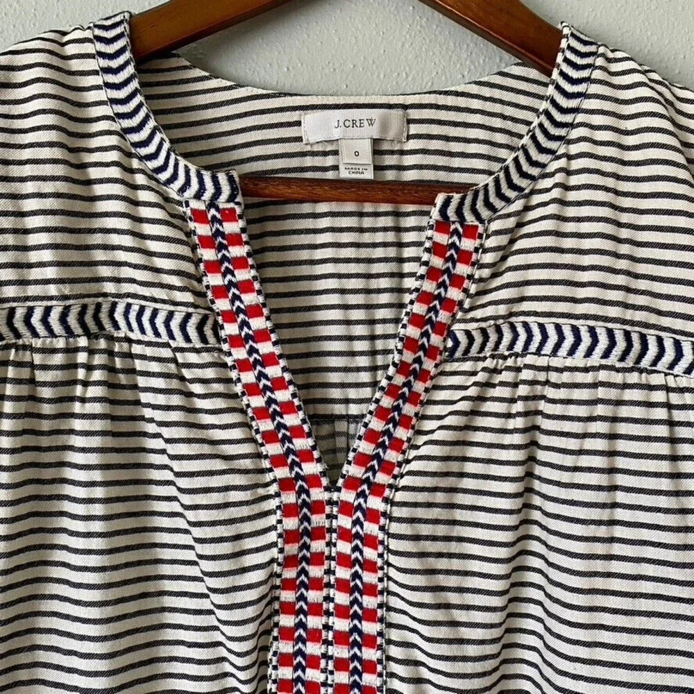 J.Crew Women's Embroidered Boho Black Ivory Striped Loose Fit Blouse - Size 0